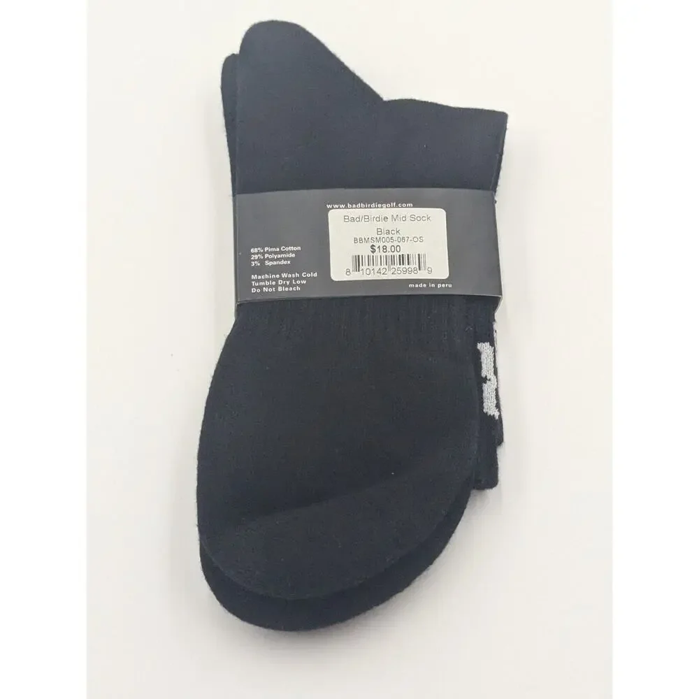 1 Pair Bad Birdie Men's Mid Crew Length Golf Socks Black One Size New NWT